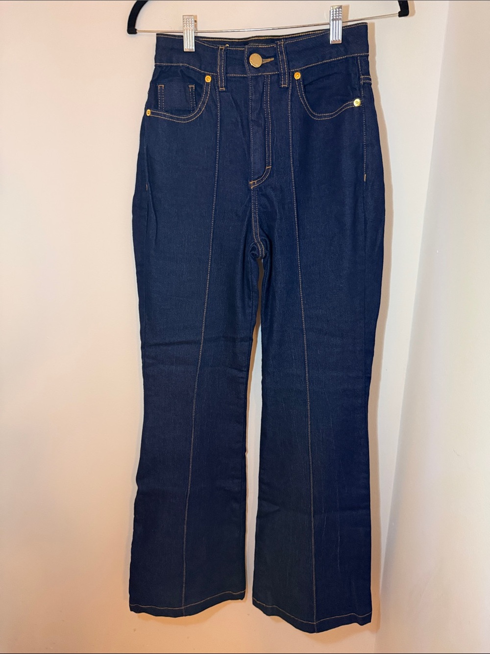 High-Rise Dark Blue Flare Jeans with Center Seam